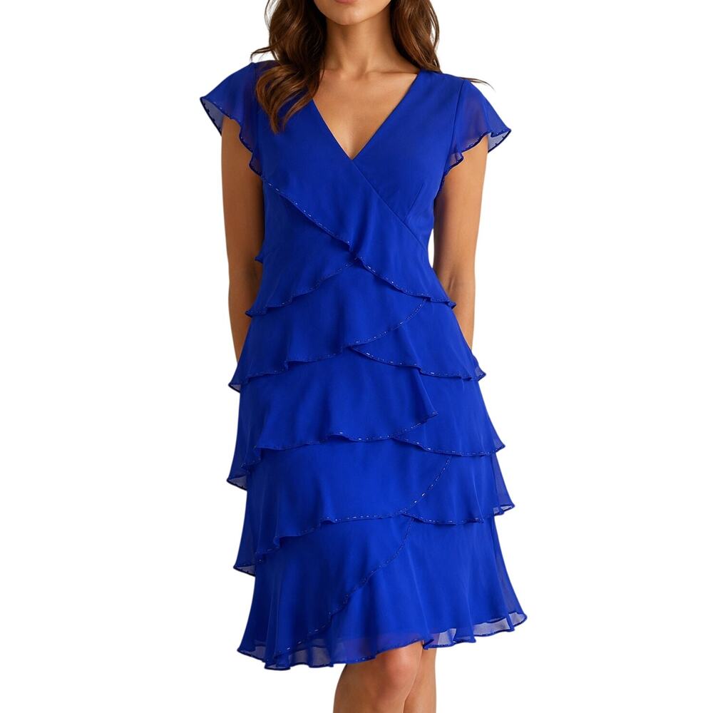 Patra Sapphire Blue Tiered Ruffle Chiffon Cocktail Dress Petite 8P NWT